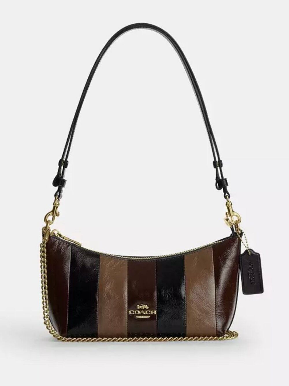 COACH caitlin shoulder bag with striped patchwork. glazed leather. gold/black mu